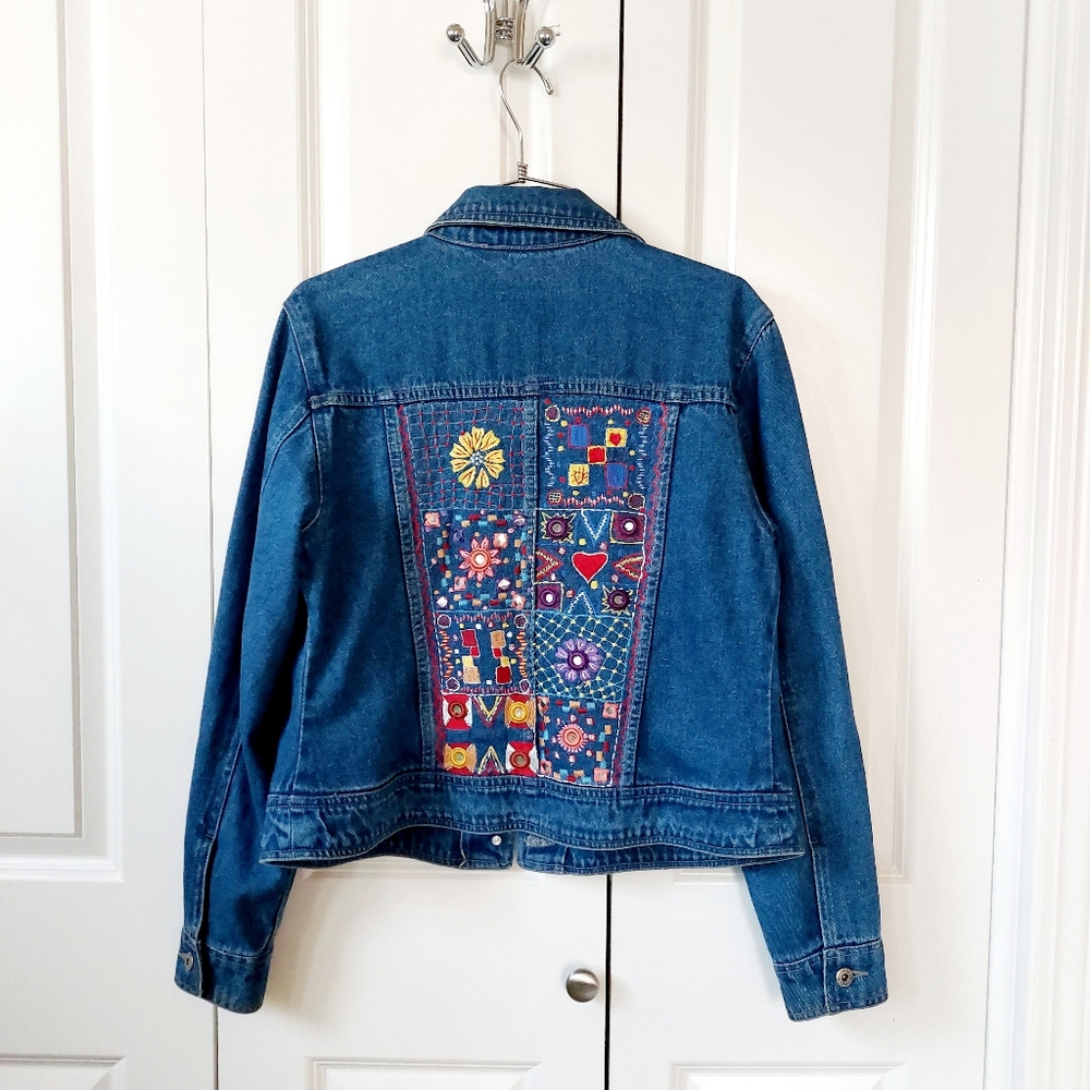 80s Boho Embroidered Mirror Denim Jacket Medium Agapo Trucker Hippie - Picture 2 of 8